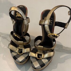 Burberry Gold and Black Plaid Sandals
